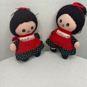 Enesco Cloth Dolls Set of 2 Red Black Polka Dot Dresses Aprox. 5.5”(F106)